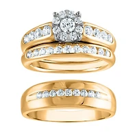 1-1/4 CTW Natural Diamond Halo Wedding Trio Set in 10KT White and Yellow Gold