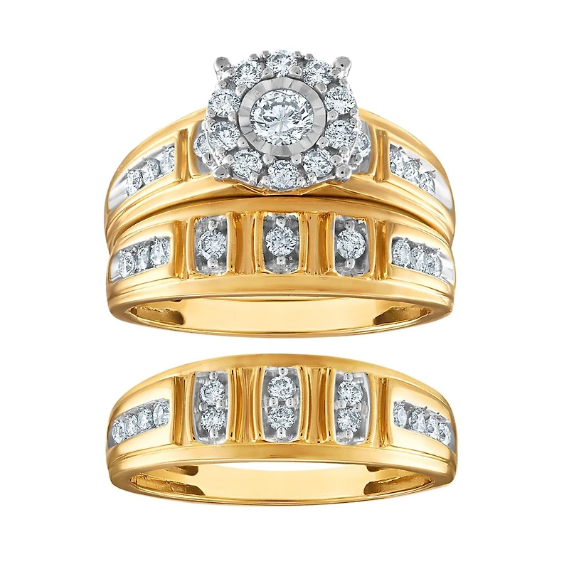 1 CTW Natural Diamond Wedding Trio Set in 10KT White and Yellow Gold