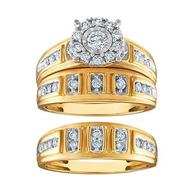 1 CTW Natural Diamond Wedding Trio Set in 10KT White and Yellow Gold