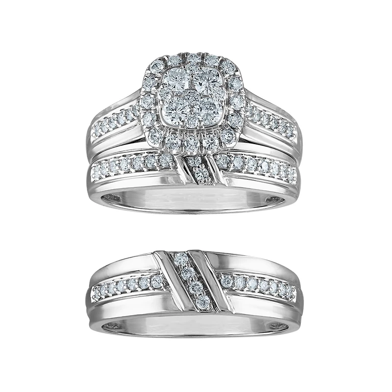 1 CTW Natural Diamond Halo Wedding Trio Set in 10KT White Gold