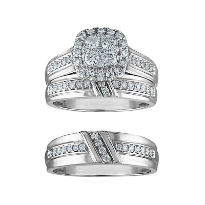 1 CTW Natural Diamond Halo Wedding Trio Set in 10KT White Gold