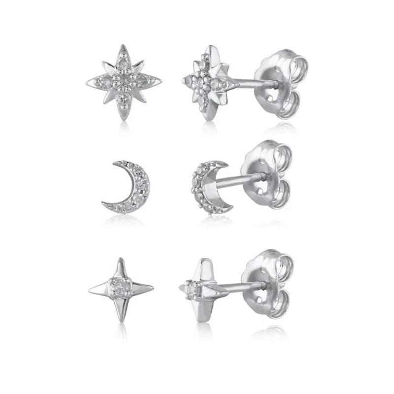 1/7 CTW Natural Diamond 3-Pair Moon and Star Stud Earrings in Sterling Silver