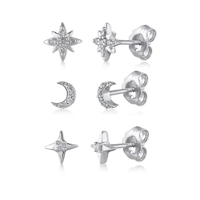 1/7 CTW Natural Diamond 3-Pair Moon and Star Stud Earrings in Sterling Silver