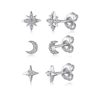 1/7 CTW Natural Diamond 3-Pair Moon and Star Stud Earrings in Sterling Silver
