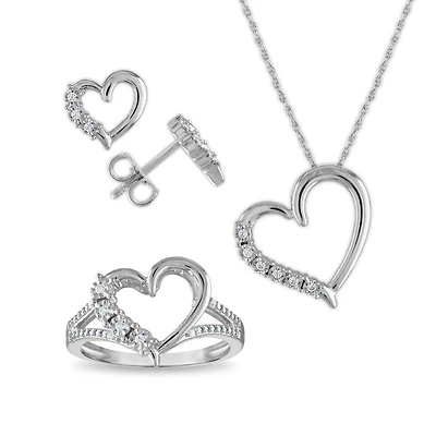 1/6 CTW Natural Diamond Heart 3-Piece Box Set in Sterling Silver