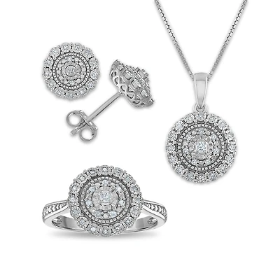 1/3 CTW Natural Diamond Halo Ring Pendant Earrings Set in Sterling Silver