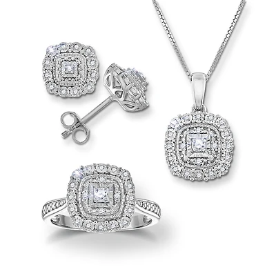 1/3 CTW Natural Diamond Halo Ring Pendant Earrings Set in Sterling Silver