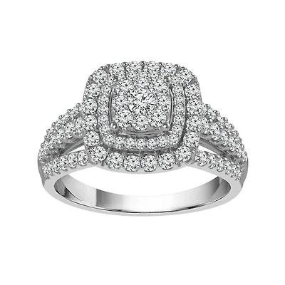 1 CTW Natural Diamond Cluster Engagement Ring in 10KT White Gold