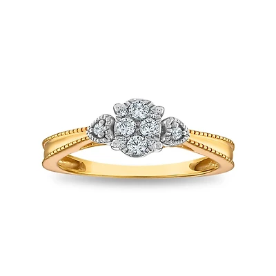 1/5 CTW Natural Diamond Cluster Engagement Oval Shaped Ring in 10KT Yellow Gold