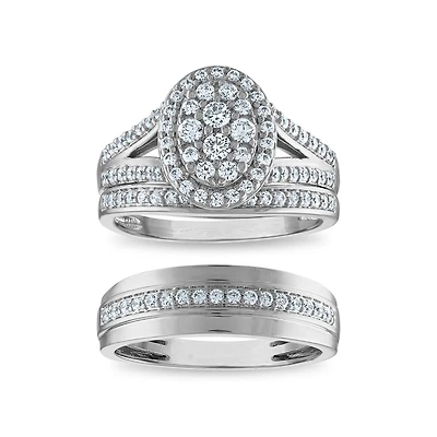 EcoLove 1 CTW Lab Grown Diamond Halo Cluster Wedding Trio Set in 10KT White Gold