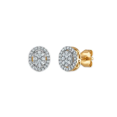 Red Hot Deal  1/4 CTW Natural Diamond Halo Cluster Stud Oval Shape Earrings in 10KT Yellow Gold