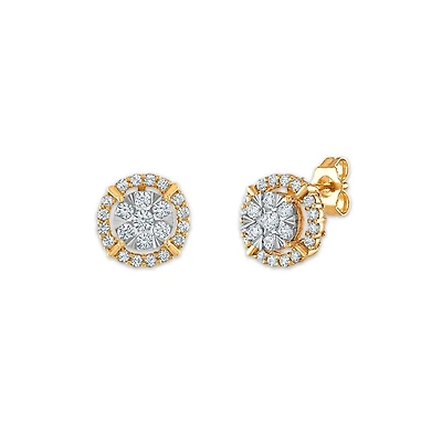 Red Hot Deal   3/4 CTW Natural Diamond Cluster Halo Stud Earrings in 10KT White and Yellow Gold