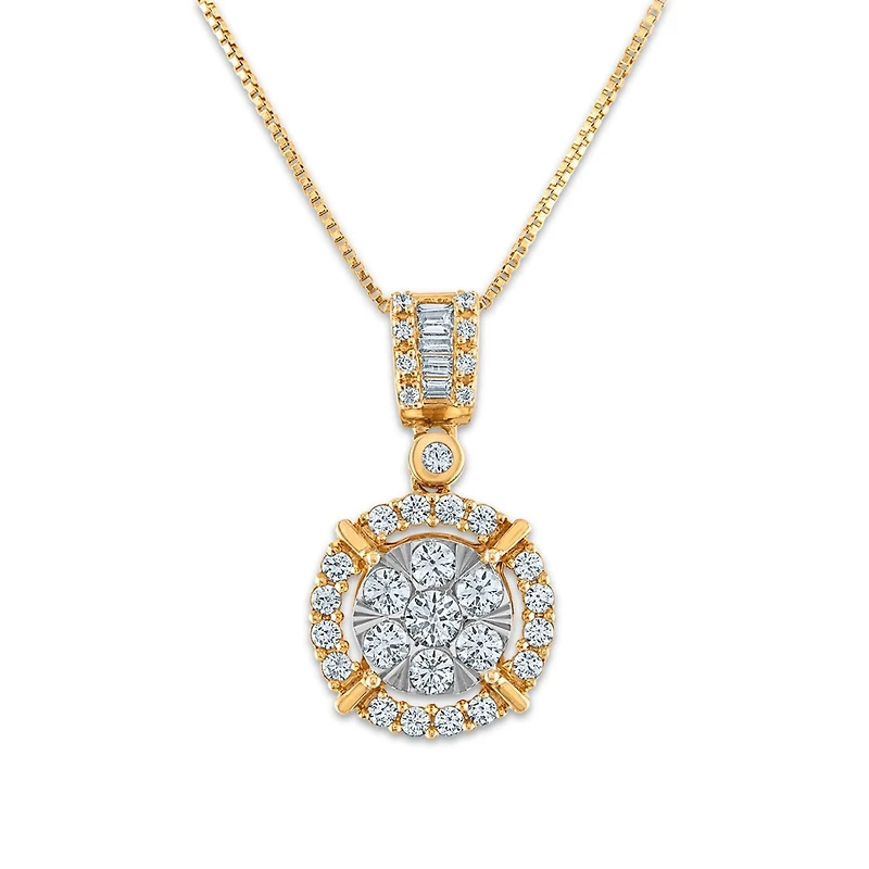 Red Hot Deal   3/4 CTW Natural Diamond Cluster Halo 18-inch Pendant in 10KT White and Yellow Gold