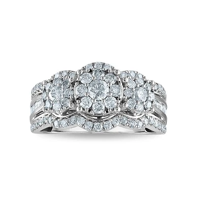 Red Hot Deal 1 CTW Natural Diamond Three Stone Cluster Engagement Ring in 10KT White Gold