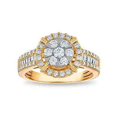 Red Hot Deal   3/4 CTW Natural Diamond Halo Cluster Ring in 10KT White and Yellow Gold