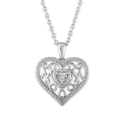 1/16 CTW Natural Diamond Heart Mom Pendant in Sterling Silver