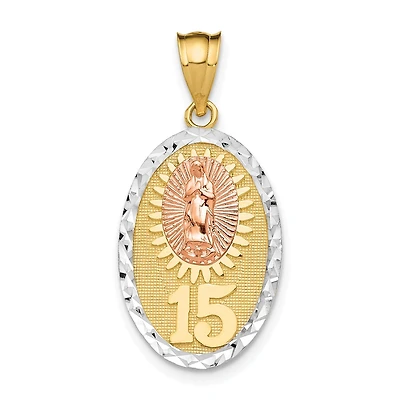 14KT Gold Tri-Color 22X14MM Guadalupe Quinceanera Pendant. Chain Not Included