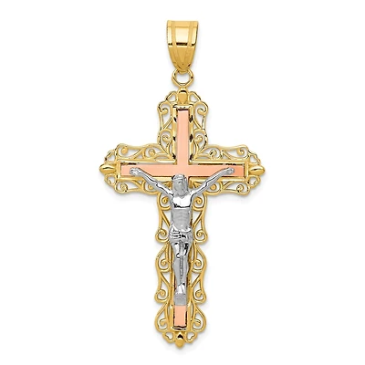 14KT Gold Tri-Color 50X25MM Diamond-cut Crucifix Cross Pendant. Chain Not Included