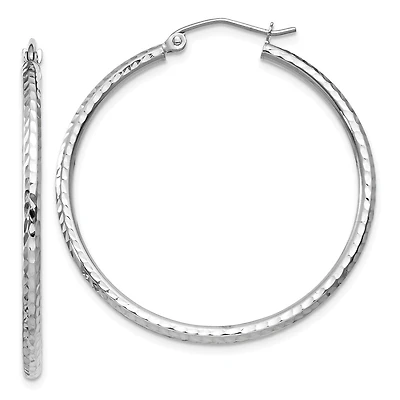 14KT White Gold 35X2MM Diamond-cut Hoop Earrings