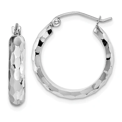 14KT White Gold Diamond-cut Hoop Earrings