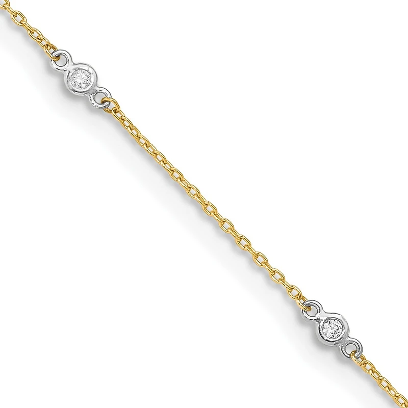 14KT White and Yellow Gold 9+1-inch Adjustable Extender Anklet with Cubic Zirconia