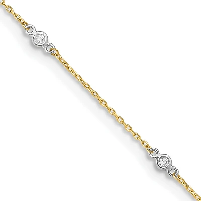 14KT White and Yellow Gold 9+1-inch Adjustable Extender Anklet with Cubic Zirconia