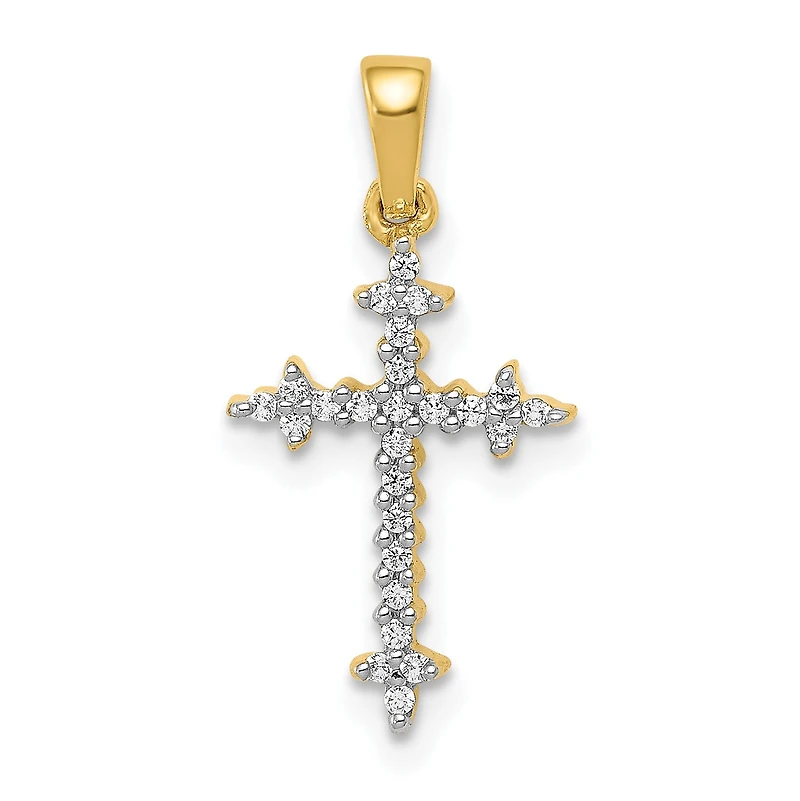 14KT Yellow Gold 1/10 CTW Fleur De Lis Cross Pendant. Chain Not Included
