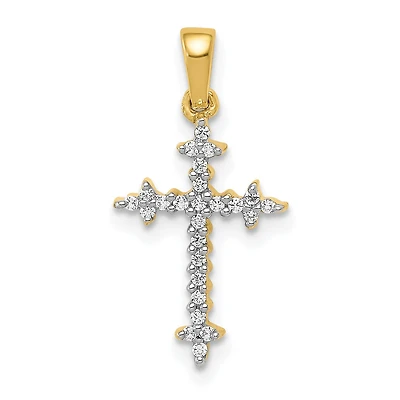14KT Yellow Gold 1/10 CTW Fleur De Lis Cross Pendant. Chain Not Included