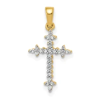 14KT Yellow Gold 1/10 CTW Fleur De Lis Cross Pendant. Chain Not Included
