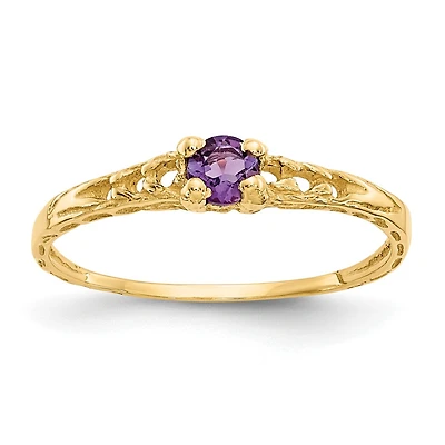 14KT Yellow Gold 3MM Round Amethyst Birthstone Baby Ring; Size 3