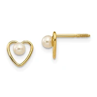 14KT Yellow Gold 3MM Round Pearl 6MM Heart Childrens Birthstone Stud Earrings