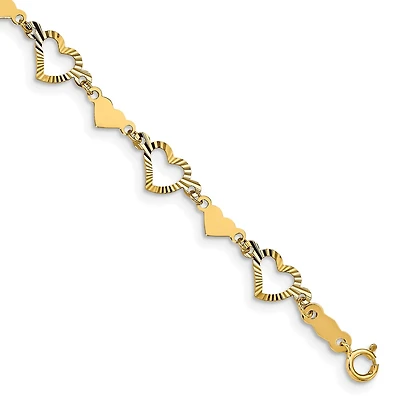 14KT Yellow Gold 7.5-inch 6MM Fancy Diamond-cut Heart Bracelet