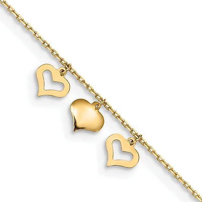 14KT Yellow Gold 9+1-inch Adjustable Extender Heart Anklet*