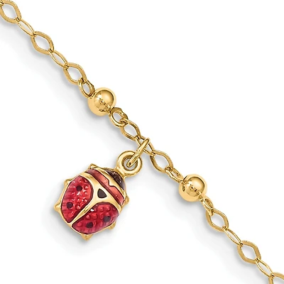 14KT Yellow Gold 9+1-inch extender Adjustable Enamel Ladybug Anklet