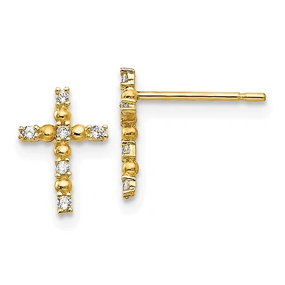 14KT Yellow Gold Cubic Zirconia 10X7MM Childrens Cross Stud Earrings