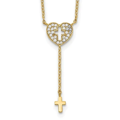 14KT Yellow Gold Cubic Zirconia 17-inch Heart Cross Necklace