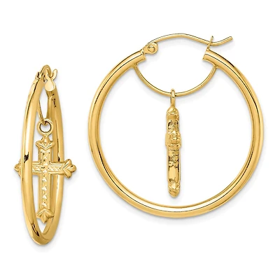 14KT Yellow Gold Diamond-cut Cross Hoop Earrings
