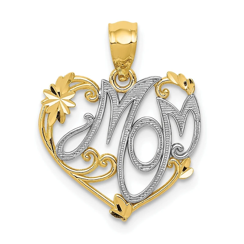 14KT Yellow Gold With Rhodium Plating 20X15MM Mom Pendant. Chain Not Included