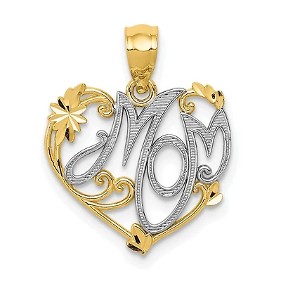 14KT Yellow Gold With Rhodium Plating 20X15MM Mom Pendant. Chain Not Included