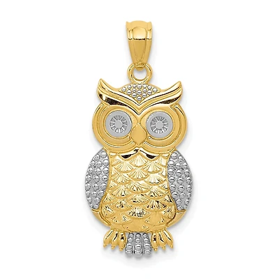 14KT Yellow Gold With Rhodium Plating 26X12MM Owl Pendant. Chain Not Included