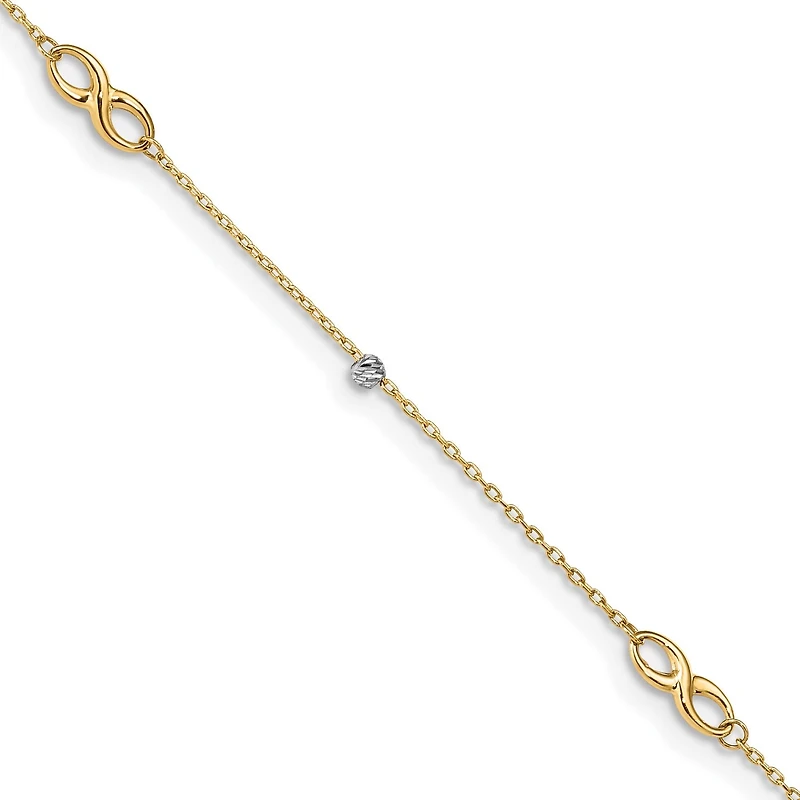 14K Two-Tone D/C Beads & Infinity 10in Plus 1in ext. Anklet
