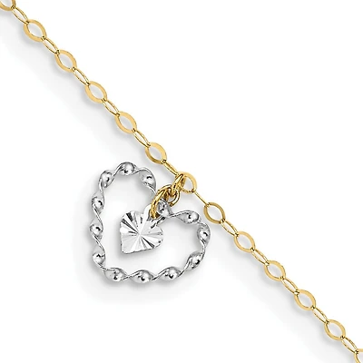 14K Two-tone Twisted & Diamond Cut Hearts 9in Plus 1in Ext Anklet