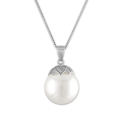 14MM Round Shell Pearl 18-inch Pendant in Rhodium Plated Sterling Silver