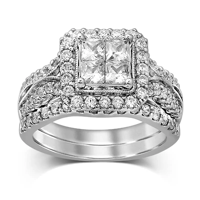 Signature 1-1/2 CTW Natural Diamond Halo Bridal Set Ring in 14KT White Gold