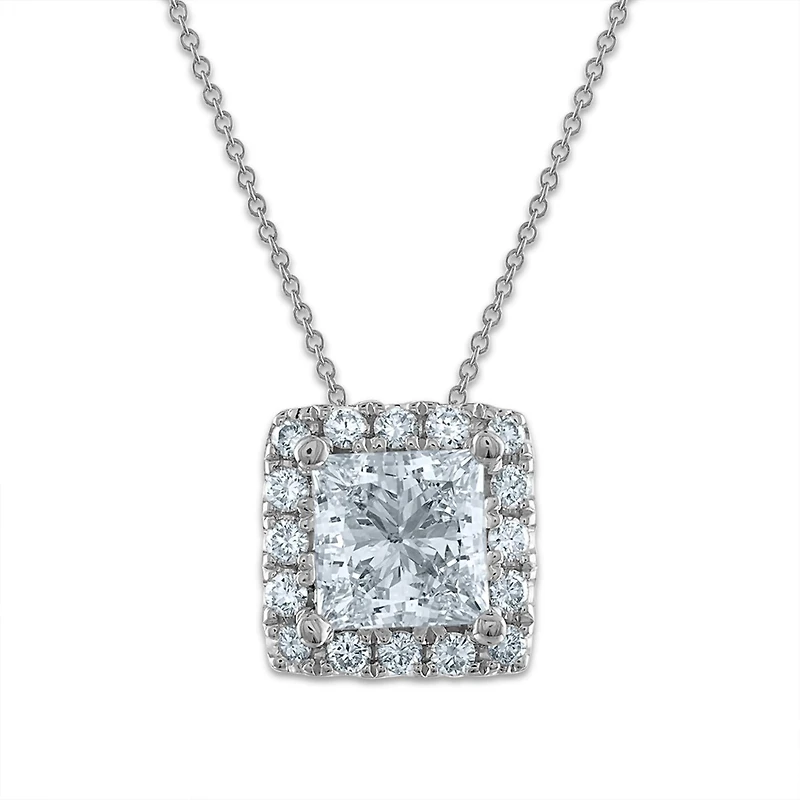 Signature EcoLove 1 CTW Lab Grown Diamond Halo Princess Cut 18-inch Pendant in 14KT White Gold