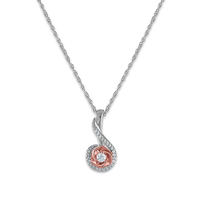 LoveSong 1/8 CTW Natural Diamond Everlasting Rose 18-inch Pendant in 10KT White and Rose Gold