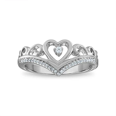 1/10 CTW Natural Diamond Heart Tiara Crown Ring in Rhodium Plated Sterling Silver