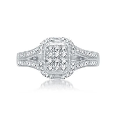 3/8 CTW Natural Diamond Halo Engagement Ring in Rhodium Plated Sterling Silver