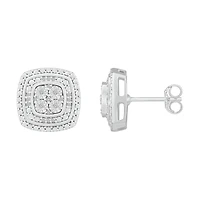 1/10 CTW Diamond Cluster Stud Cushion Shaped Earrings in Sterling Silver