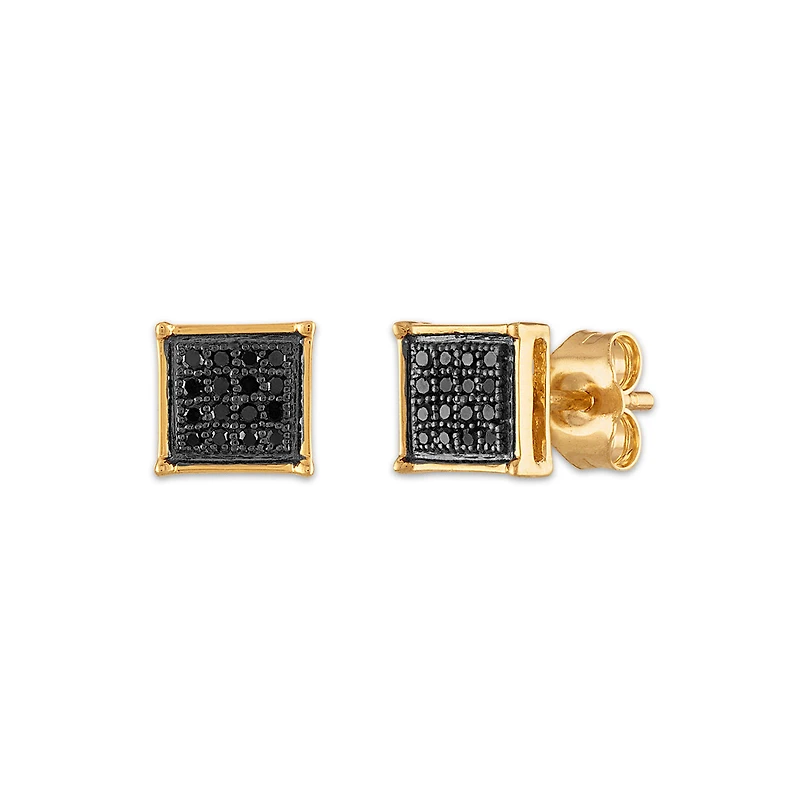 1/10 CTW Natural Treated Black Diamond Cluster Stud Earrings in 10KT Yellow Gold